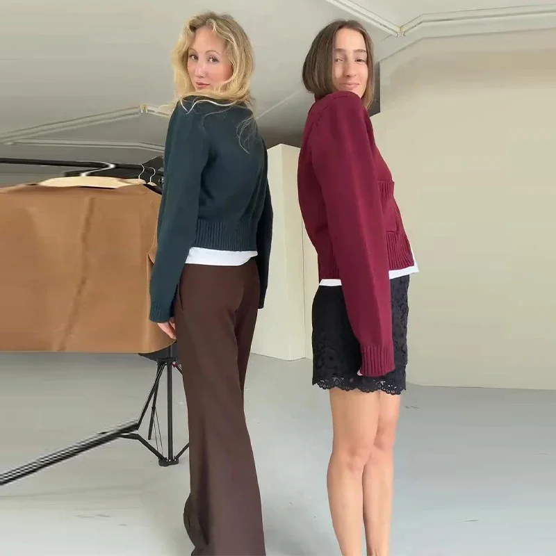 Damenmäntel mit Stehkragen, Doppelreißverschluss, kurzer Strickcardigan, Herbst, Damen, lange Ärmel, Taschen, einfarbig, schlanke Strickwaren, neue Oberteile – Detail 24