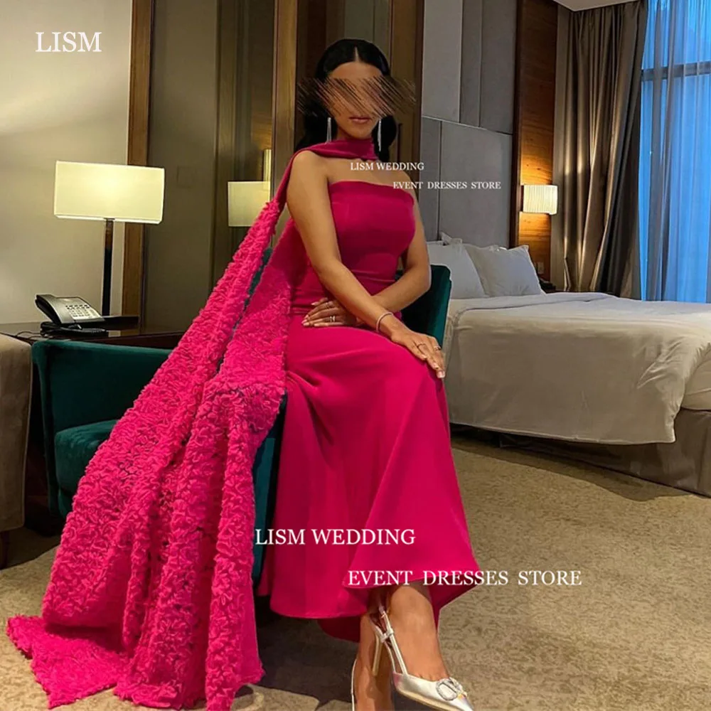 LISM Elegant Rose Red Formal Occasion Dresses Customized Long Mermaid Evening Party Dress With Shaw Robe De Soirée Saudi Arabic