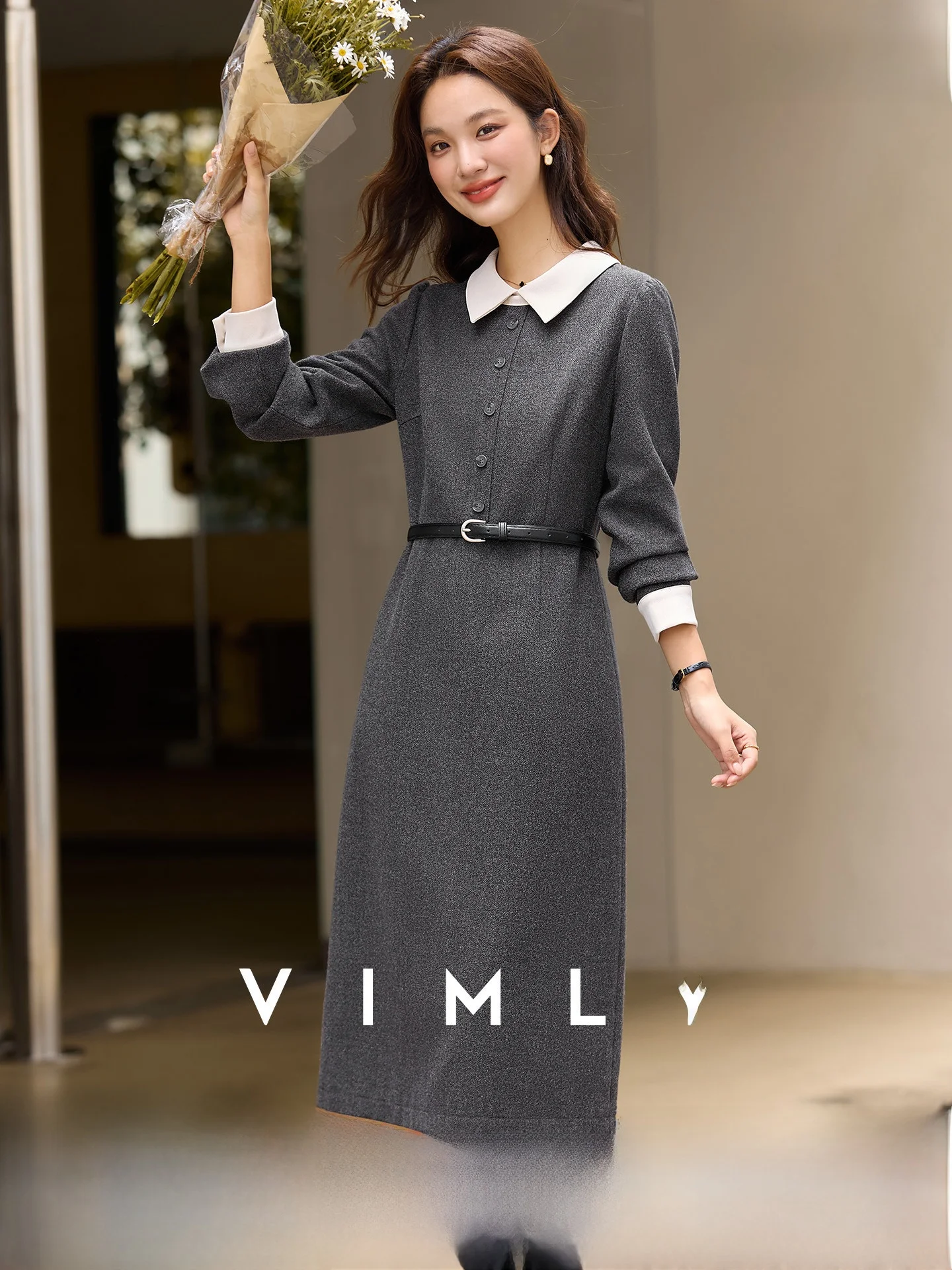 

Women's Long Sve Dr Stand Collar A-Line Straight Tube Winter New Sle Slim Fit Color Blo Casual Dr