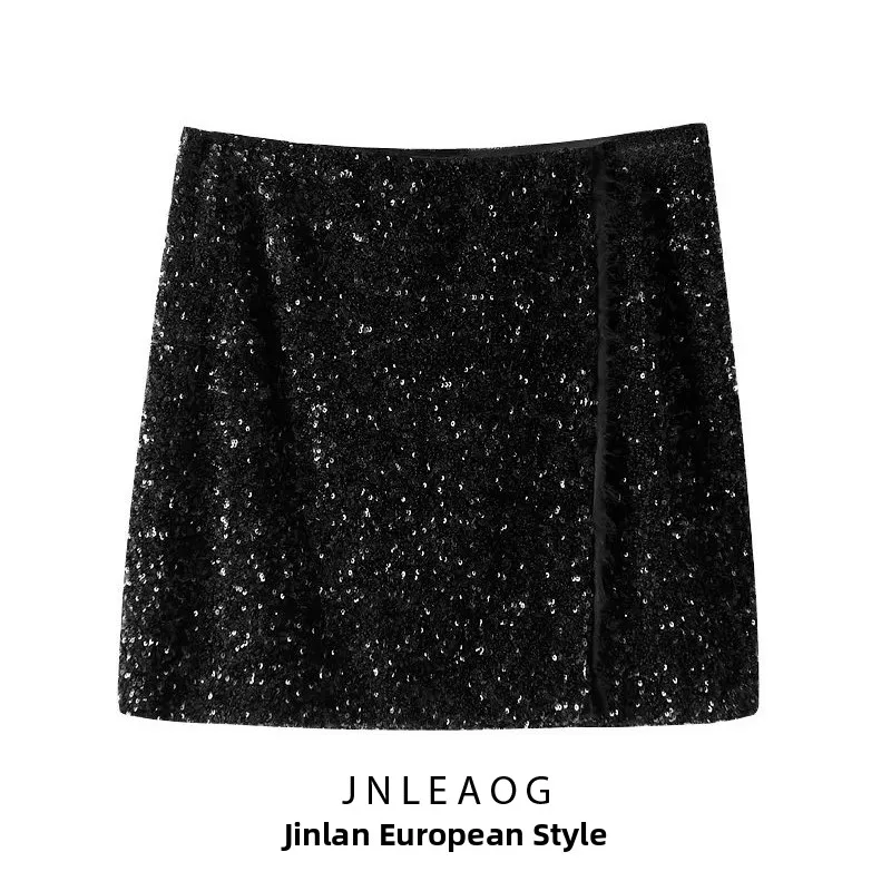 JNLEAOG 秋の新ファッション黒スパンコールミニスカートストリートスタイル女性のポリエステル繊維スタンダードフィットビジネスに適しています