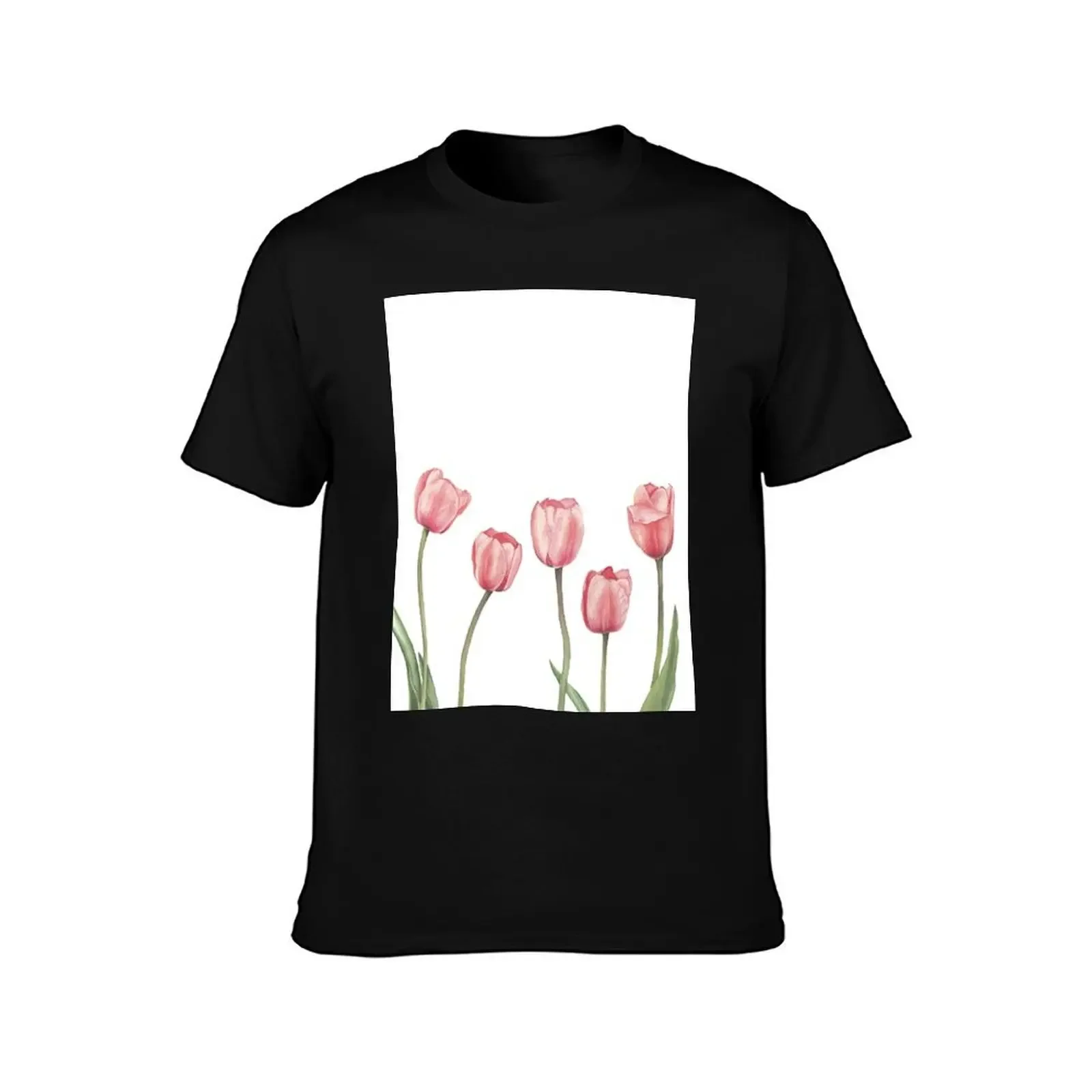 Pink tulips with leaves, watercolor T-Shirt man clothes customs design your own quick drying mens graphic t-shirts big and tall