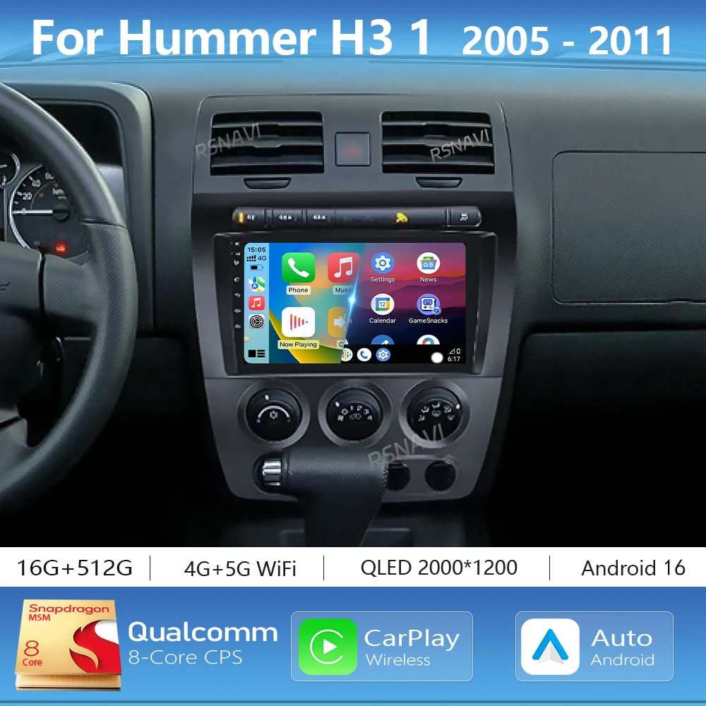 Reproductor Multimedia para Auto Android 16 Carplay con Pantalla 2K para Hummer H3 2005-2011, Radio DSP, Autoradio, GPS, Estéreo, Unidad Principal 2Din