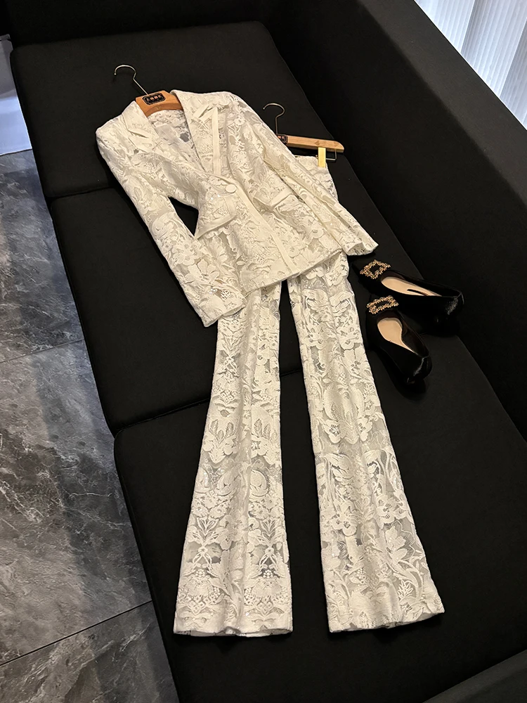 

Ele водорастворимый кружевной расклешенный брючный костюм, женский комплект из двух предметов высокого класса Sensation A504ZB25, осенняя коллекция