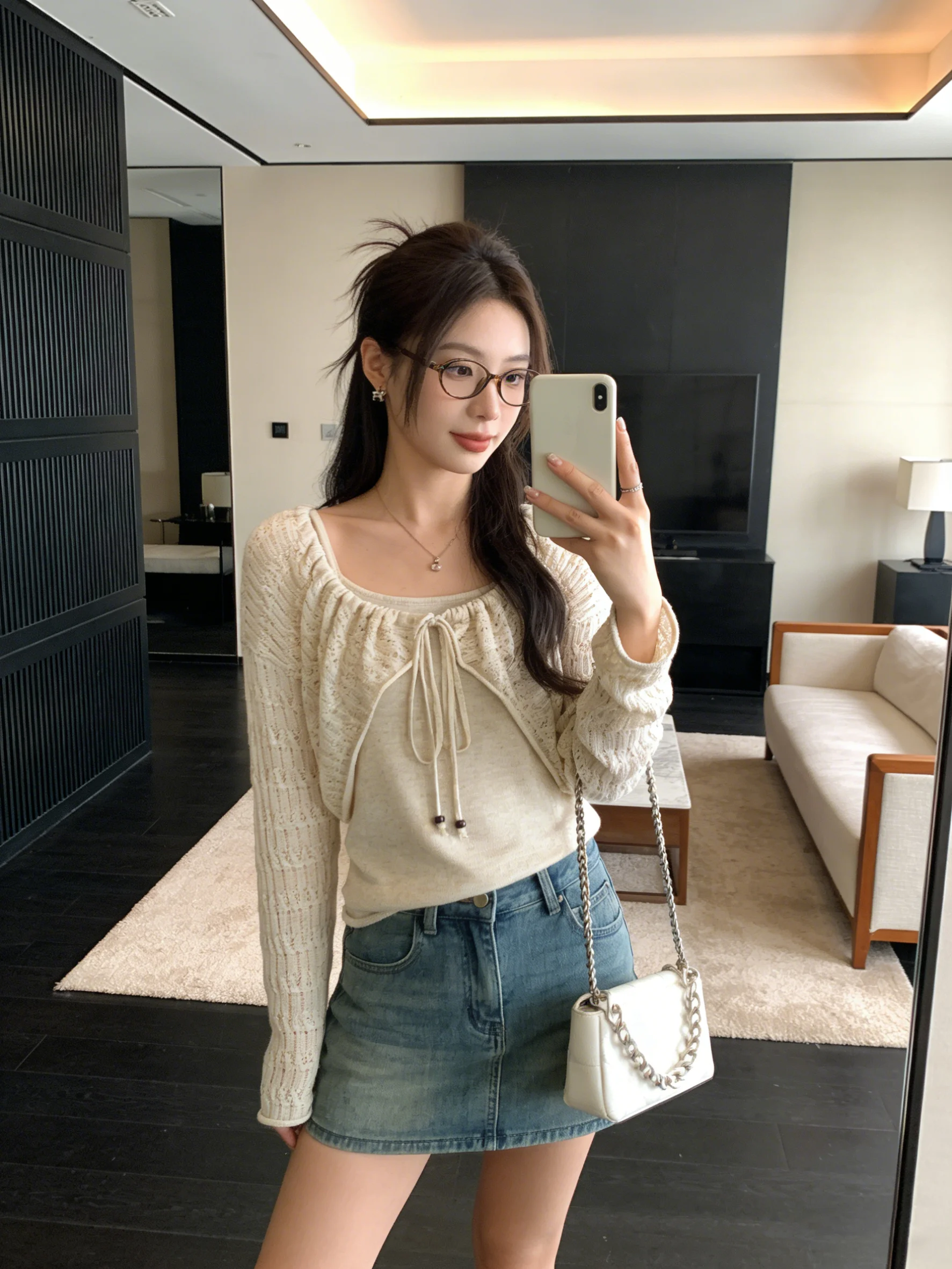 

Корейский стиль: вязаный кардиган с длинным рукавом и комплект из двух предметов для женщин, летний, облегающий, дышащий, комфортный, с круглым вырезом