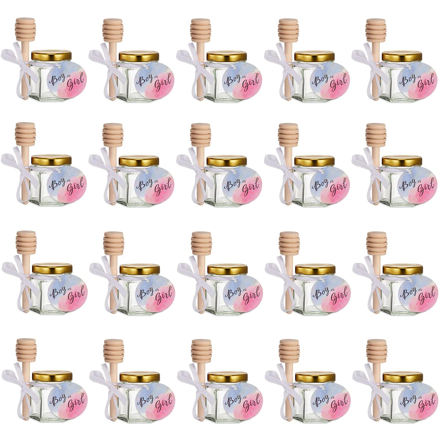 Mini Honey Jars w/ Wood Dippers, Gold Lids, Blue & Pink Thank-You Tags, and White Satin Ribbons.