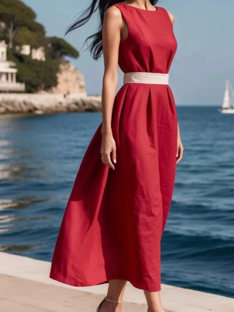 แฟชั่นฤดูร้อนใหม่สีทึบเอว Tie ความยาวปานกลางชุดผู้หญิง Elegant รอบคอแขนกุดชุดเดินทาง