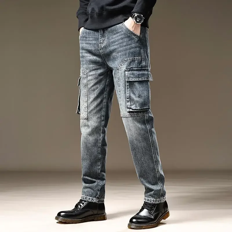 

Jeans for Men Straight Male Cowboy Pants with Pockets Trousers Cargo Regular Aesthetic New in Stacked Korean Fashion Trend 2024