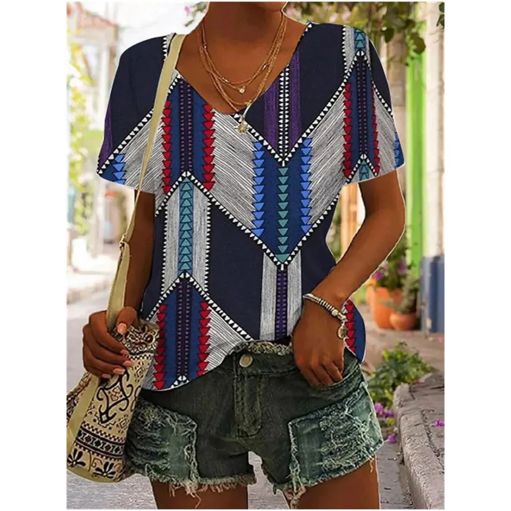 

Women V-Neck T-Shirts Geometric Splicing Print Casual Pullover Loose Short Sleeves Oversized Tee Shirt Female Fashion Clothing