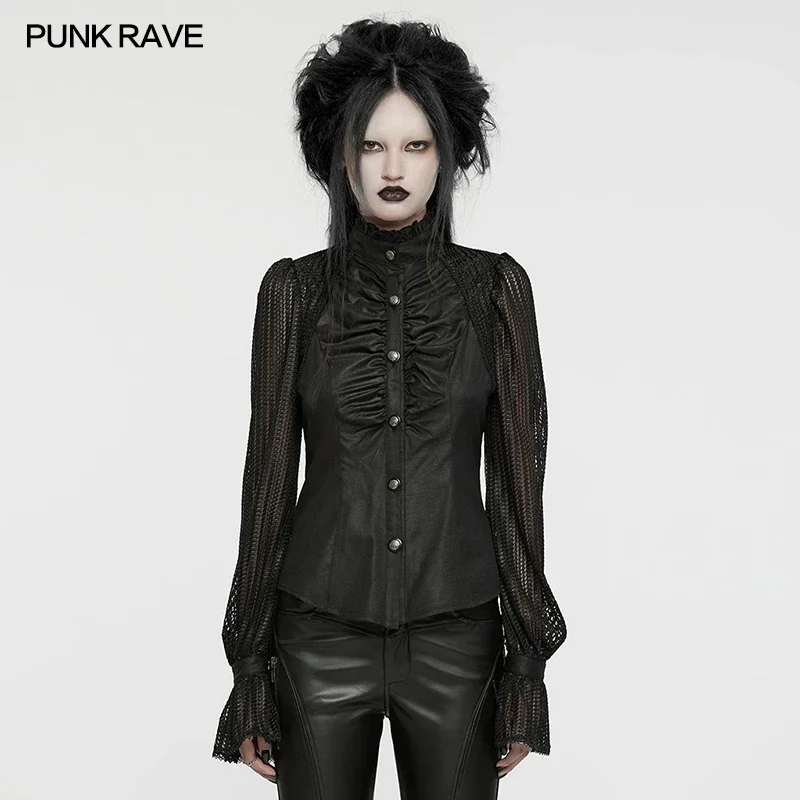 PUNK RAVE Women's Gothic Lantern Sleeves Exquisite Pattern Pleated Visual Shirt Messy  Beauty Sexy Tops Women Clothing