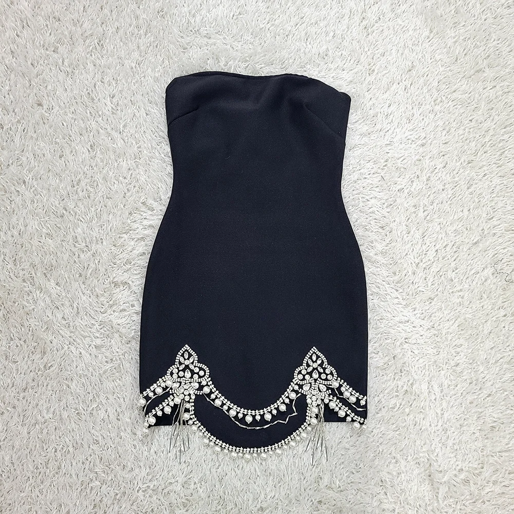 Robe bustier noire moulante pour femme avec ourlet à pampilles en cristal, sexy, sans manches, mini, pour soirée et club