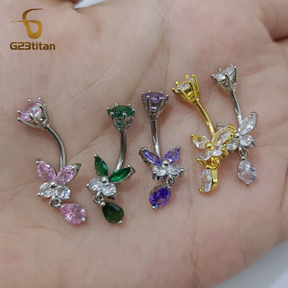 G23titan Colors Zircon Butterfly Belly Button Ring Surgical Steel Titanium Rod Women Navel Jewelry Ombligo Piercing Sexy Items