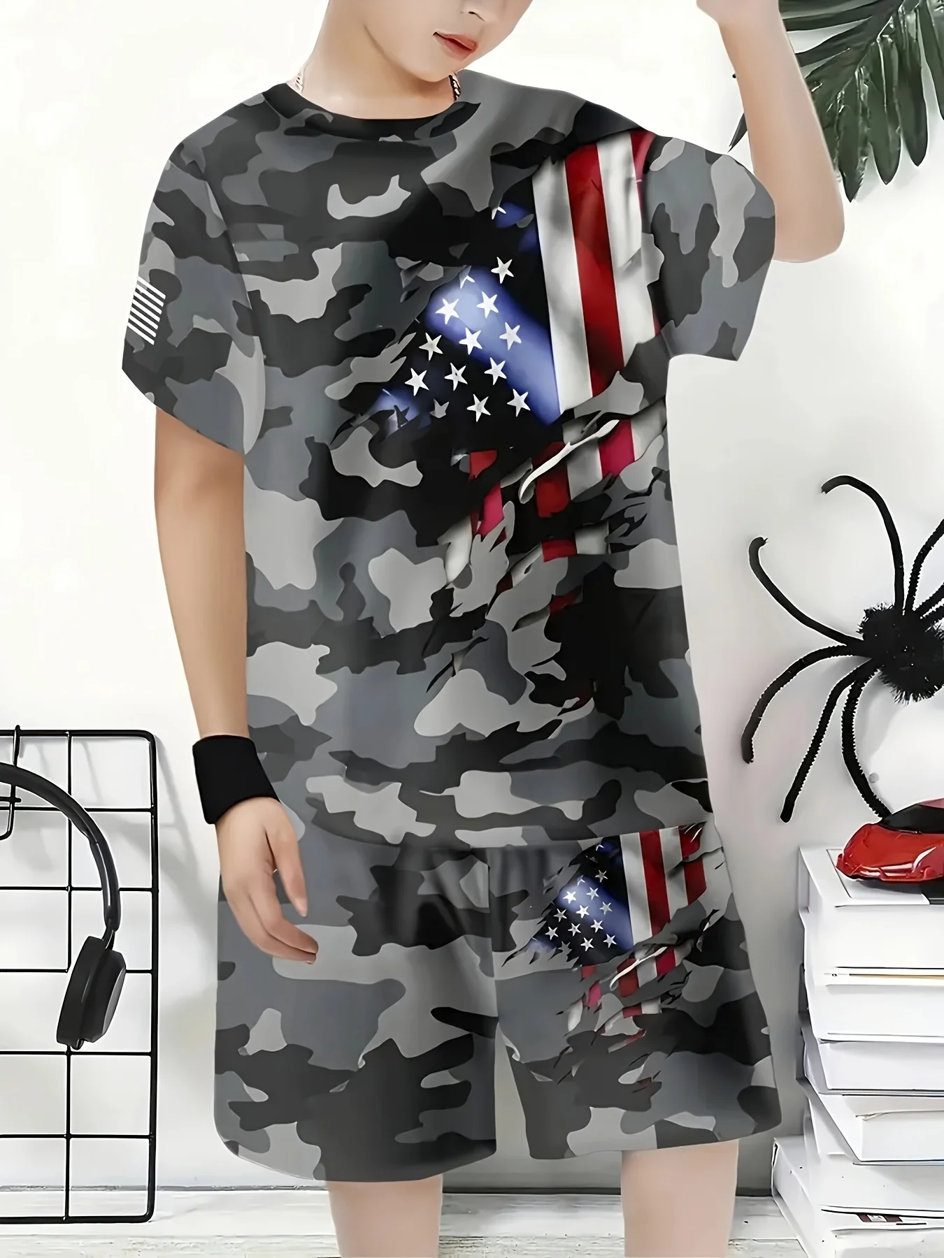 

2025 Fashion Camouflage Printed T-shirt and Shorts Set, Casual, 3D American Flag Design, Spring/summer Clothing, Outdoor