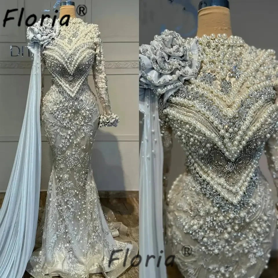 Elegante dubai pérolas frisado sereia vestido de noite cristais árabes ombro xale vestidos de festa de casamento personalizado alta costura muçulmano