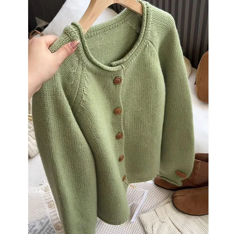 

Soft and Glutinous Rolled Edge Lazy Style Cardigan Women's Autumn New Round Neck Gentle Temperament Forest Style Knitted Jacket