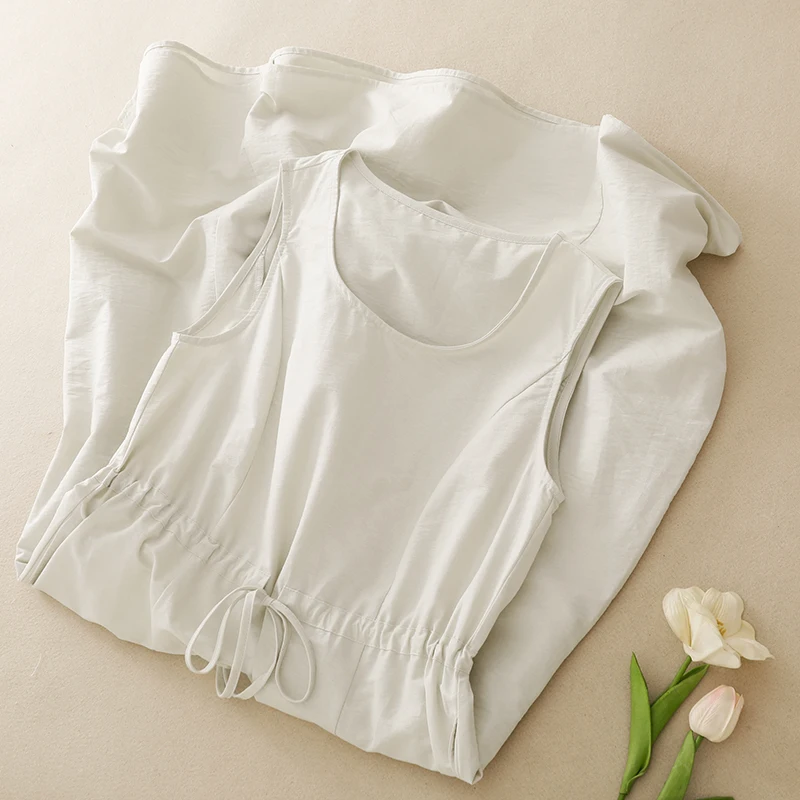 Summer New Drawstring Dress Women's Artistic Waist Cinching Slimming Sleeveless Large Swing Long Dress Commute Style Casual