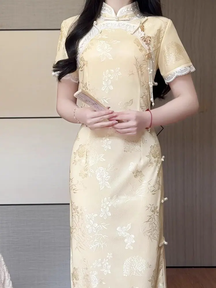 

2026 New Summer Improved Short Sleeve Cheongsam Jacquard Retro Elegant Young Girl Chinese Style Yellow Lace Splicing Dress