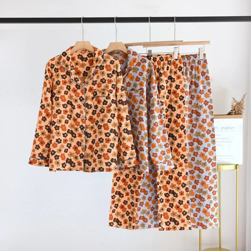 

Homewear Pajamas Women's Suit Crepe Clothes Spring and Autumn Thin Loose Cotton Double-layer Gauze Cardigan Women's Clothing
