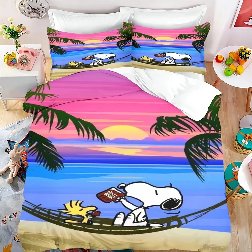 Snoopy cartoon quilt cover pillowcase, cute quilt set for boys and girls, three-piece set of home room bedroom 175x220cm