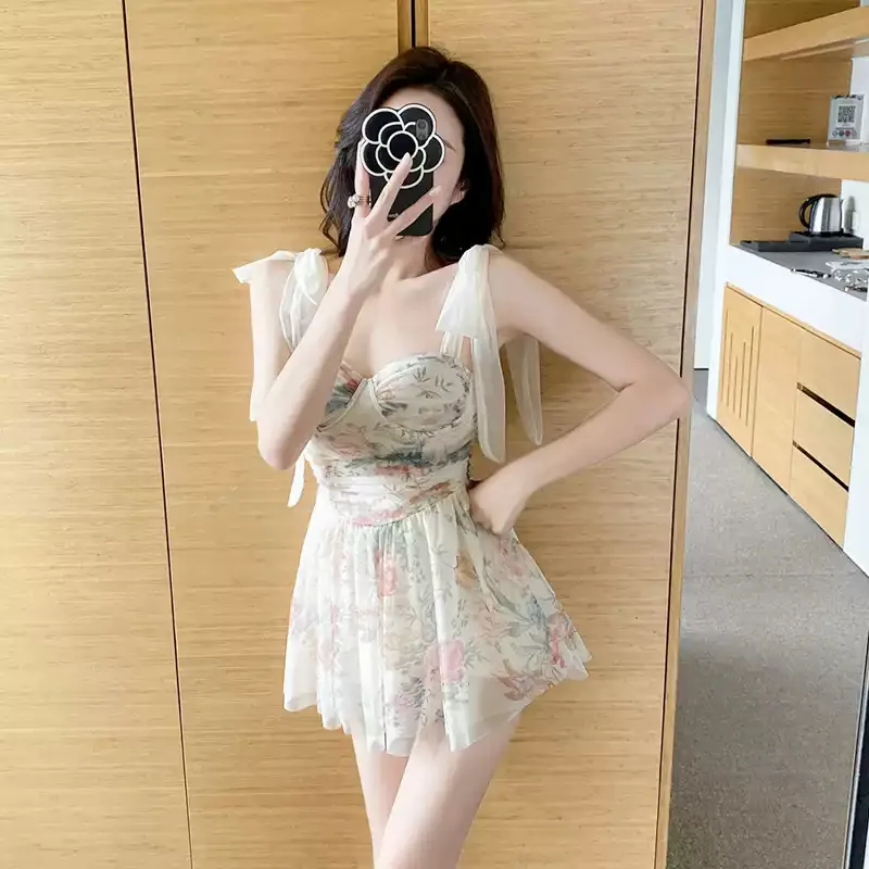 Sexy moda coreana estampado de flores malla push up trajes de baño una pieza corbata correa de espagueti mini vestido bikini acolchado traje de baño tankini