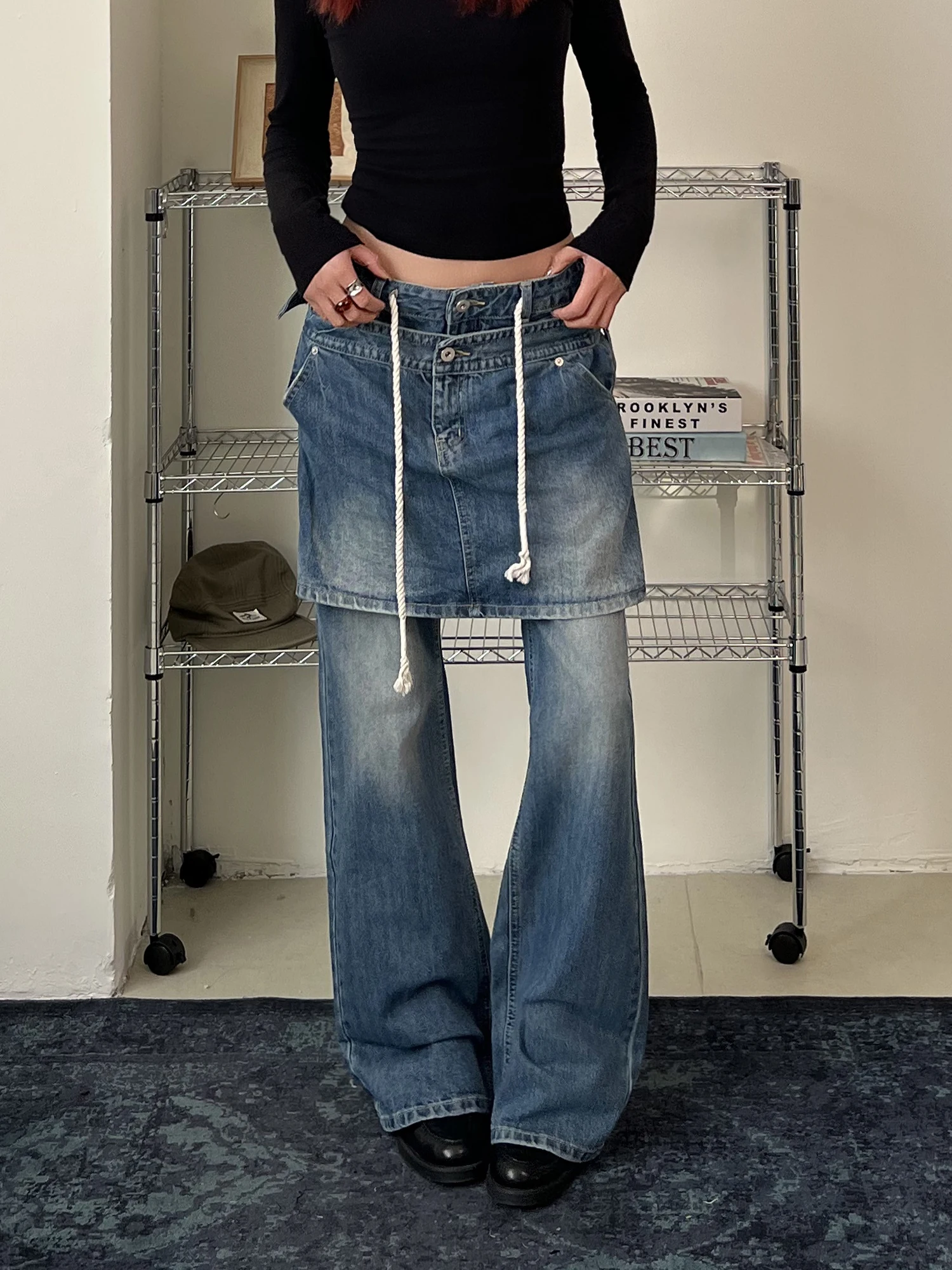 

Американские ретро-джинсы свободного кроя с широкими штанинами и прямым силуэтом, женские, с эффектом двухслойности, в уличном стиле