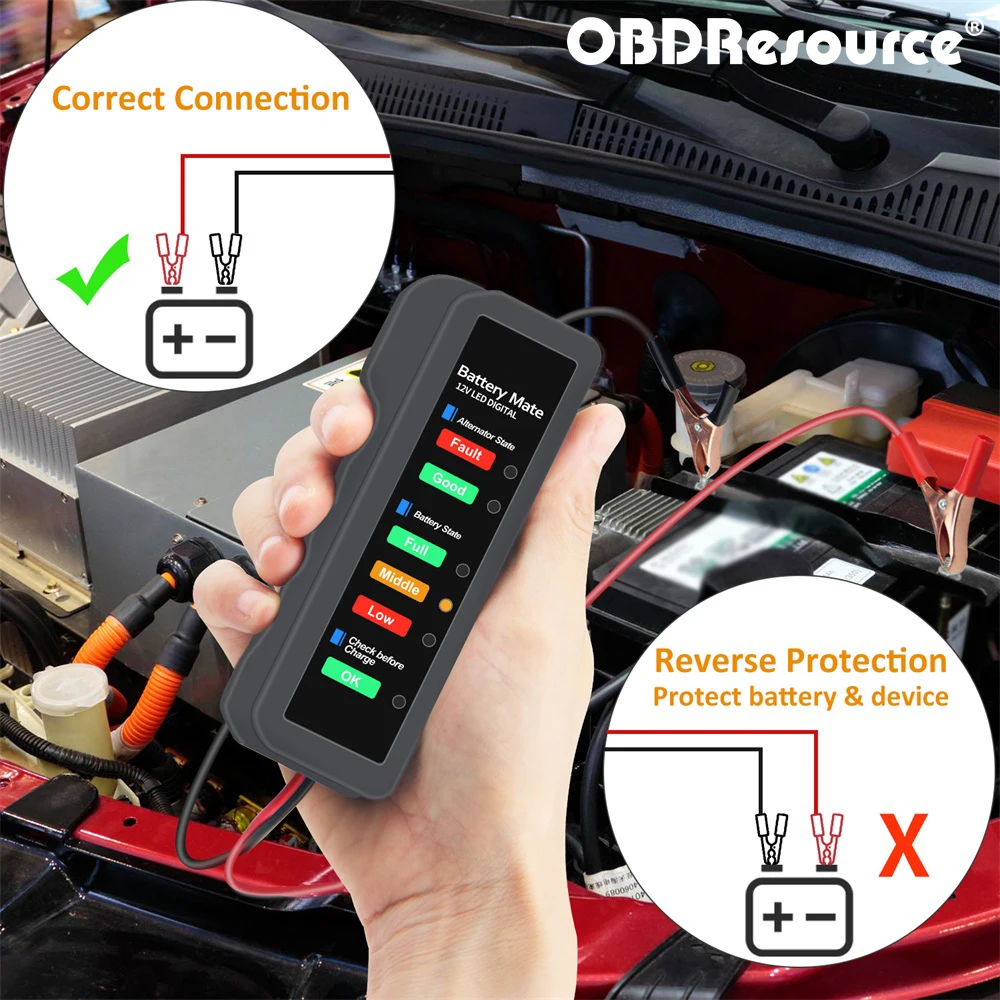 

OBDResource BM310 12V Car Battery Tester Analyzer Motorcycle Tester Fault Detector with LED Light Display Alternator Tester Tool