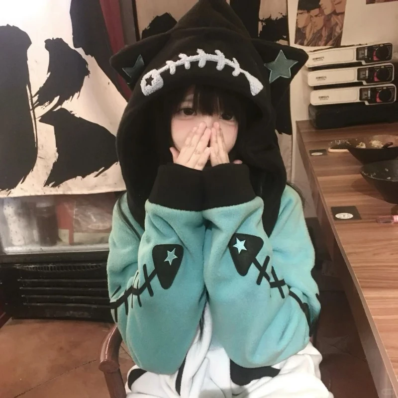 Contrast Color Kawaii Fish Bone Hoodies Women Vintage Y2k Aesthetic Oversized Streetwear Hoody Harajuku Grunge Zipper Sweatshirt