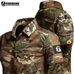 Quick Drying Mens Camo T-shirt Cotton Breathable Pockets Summer Outdoor Tactical Tops Lapel Elasticity Combat Tees Size S-4XL