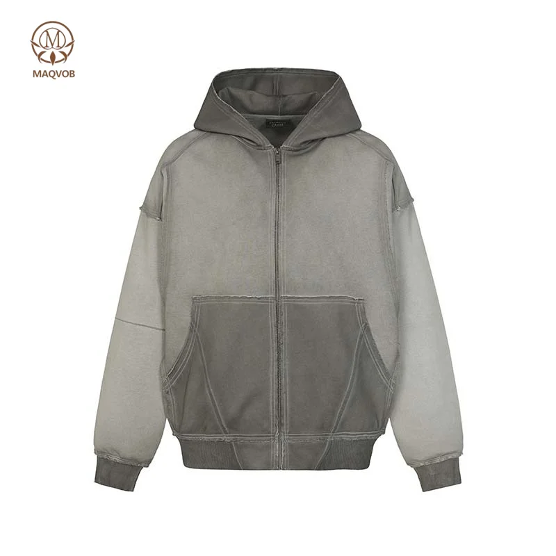 MAQVOB EU US Size Luxury Quality Casual Hoodie Street Wear  Autumn Oversize Washed Distressed Men Zipper Hoodie