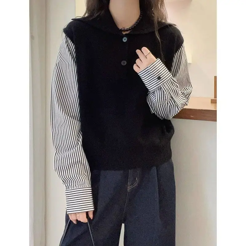 

Поддельный двухсекционный пуловер с лацканами, свитер для женщин, осень-зима, новинка 2025, водолазка, толстый топ