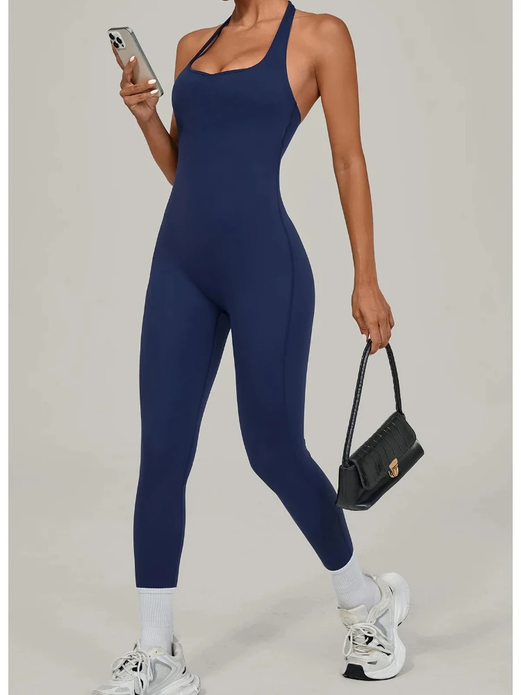 

Women Yoga Jumpsuit Halter Neck One Piece Overalls Tight Fitting Gym Activewear Sportswoman Fitness Dance Workout Wear Autumn