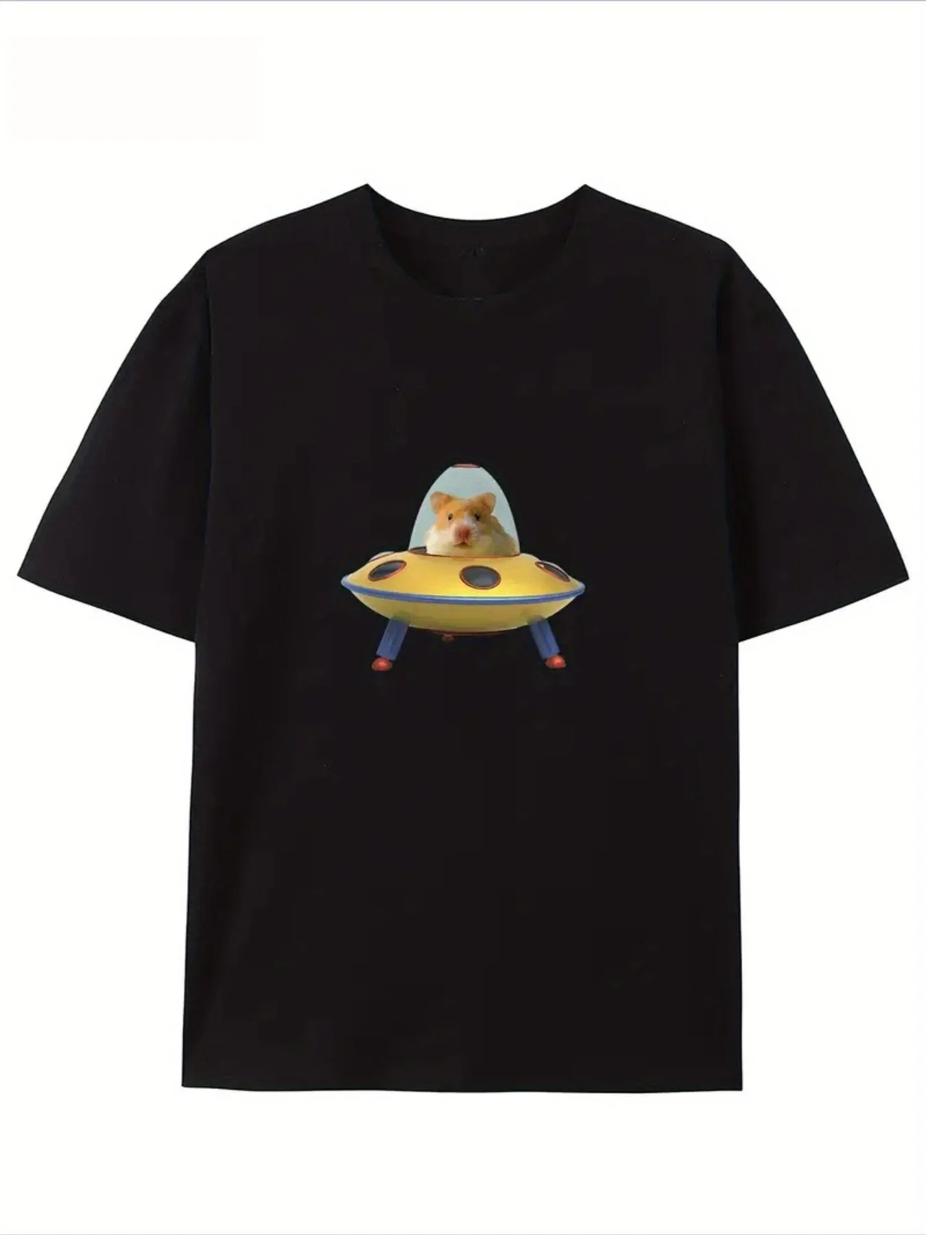 Cute Hamster Pilot UFO Graphic T-Shirt Women Space Adventure Print Tee Harajuku Short Sleeve Casual Fashion Streetwear Top