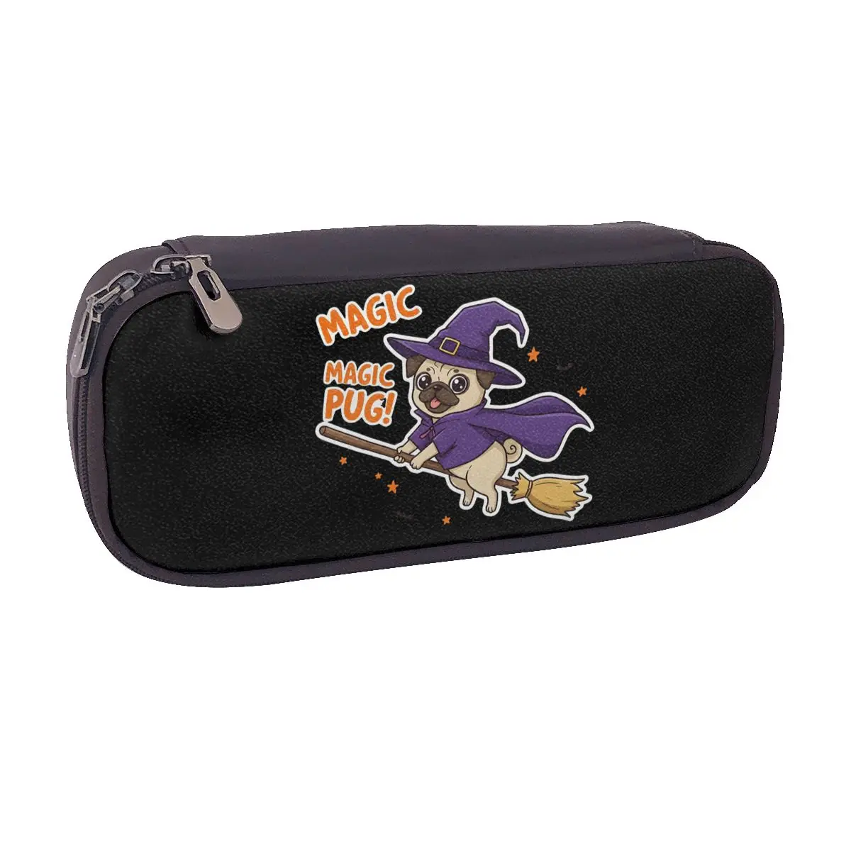 Magic Pug Cute Witch Dog Flying On Broom Halloween Art Leather Pencil Case Kids School Pen Box Pencil Bag Stationery Supplies