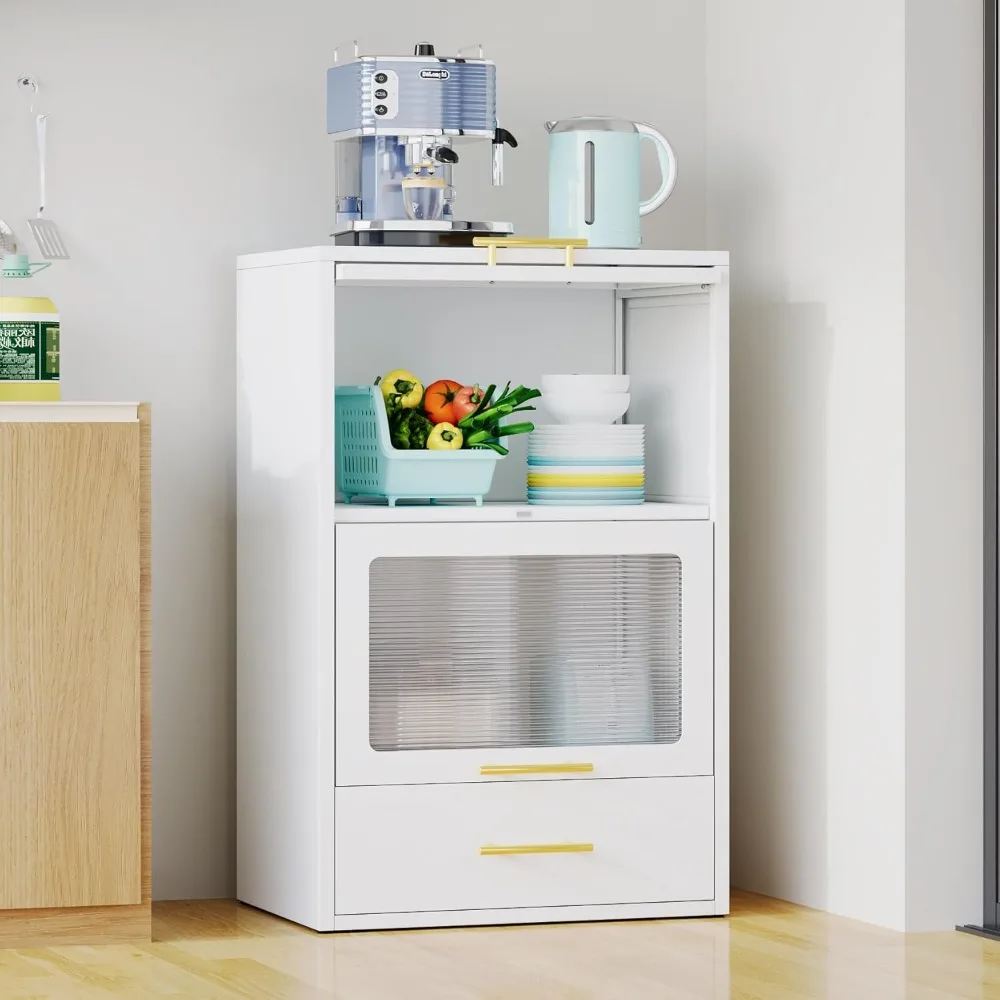 

2-Tier Metal Storage Cabinet With Drawer, Freestanding Microwave Rack, Flip-up Acrylic Doors for Kitchen, Living Room and Dining