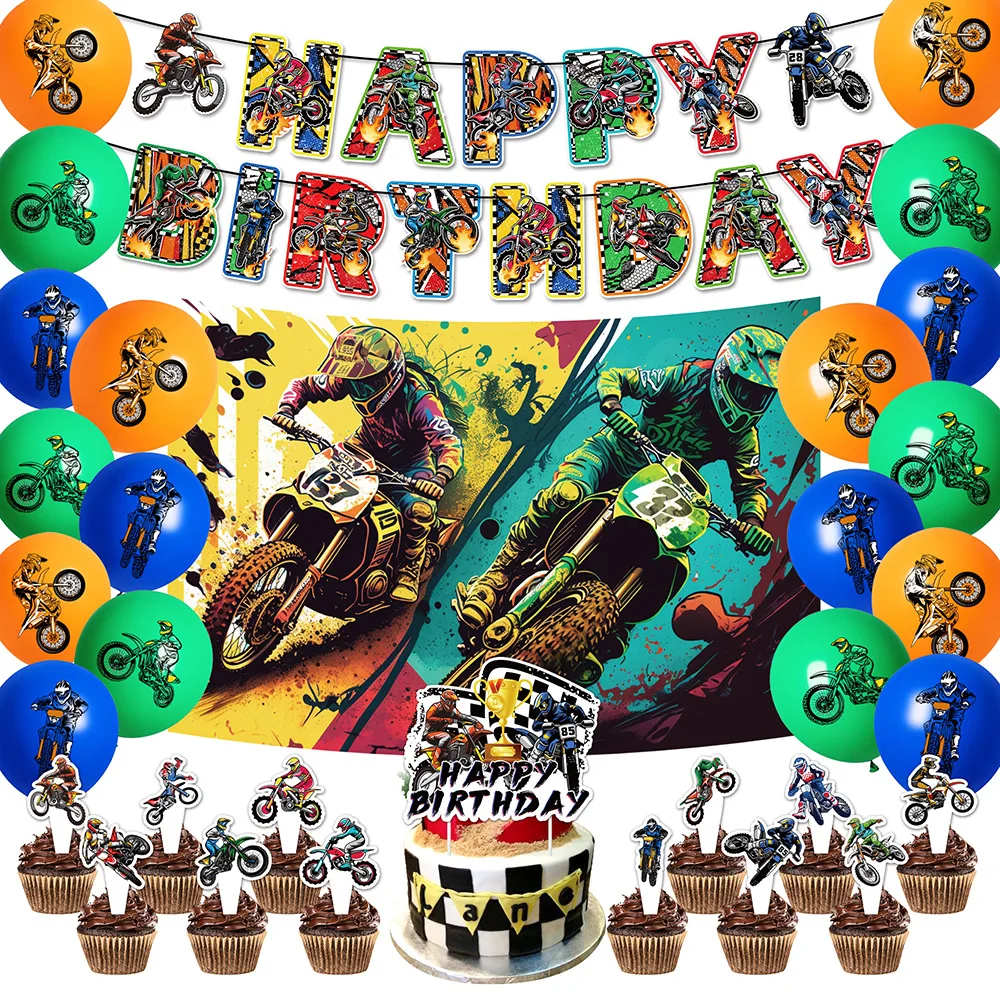 Tema moto buon compleanno banner piatti Cake Topper casco Motocross Balloon Dirt Bike decorazioni di compleanno forniture per feste