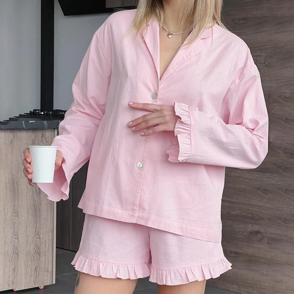 Women's Cotton Pajamas Sorts Set 2026 Autumn New Long Sleeve Shirts and Shorts Two-Piece Set Home Wear Pink