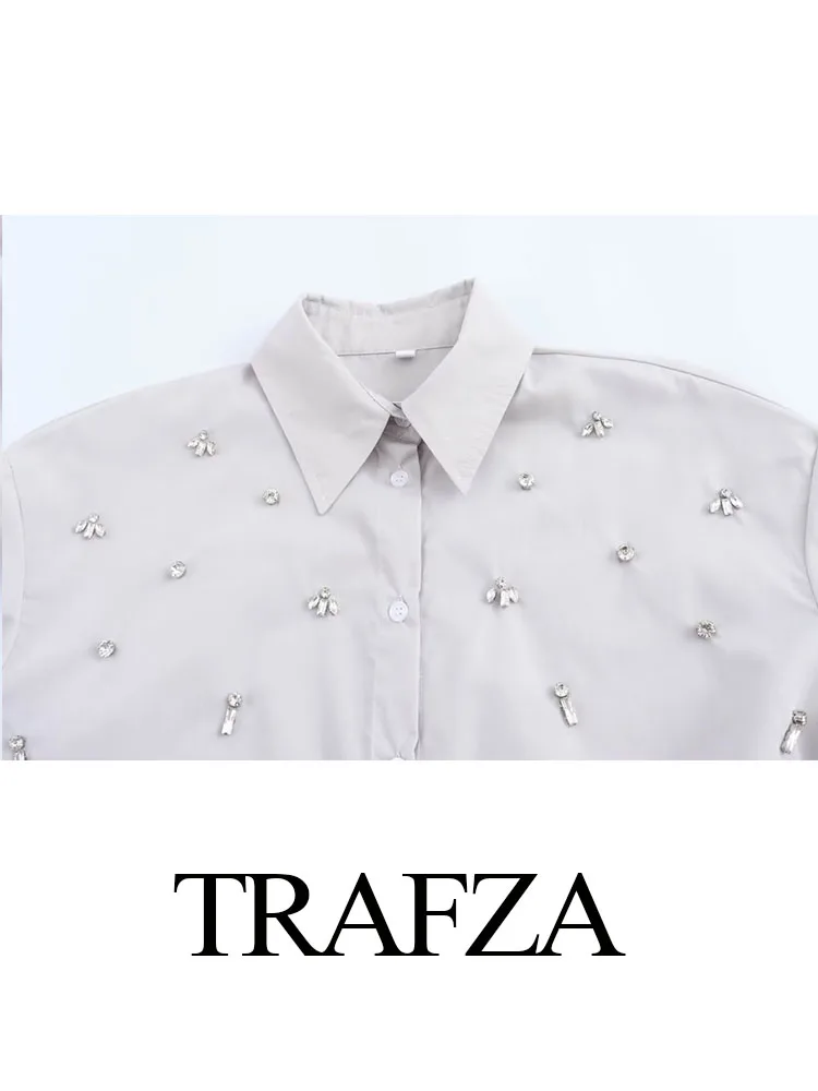 TRAFZA 2024 Woman Blouses Suits Jewelry Decorative Single Breasted Lapel Shirt Top + Pockets Elastic Waist Casual Women\'s Shorts