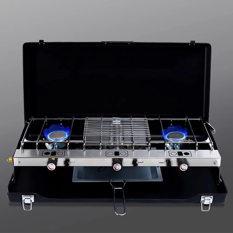 في الهواء الطلق موقد غاز مزدوج الموقد خزان الغاز الشواء موقد غاز شرسة النار مزدوجة الموقد كاسيت موقد طوي قوة النيران الكبيرة du