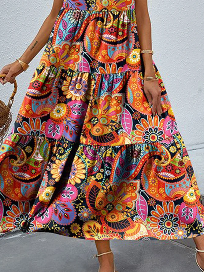 Sister Star Summer Loose Fashion Casual floreale con scollo a V canottiera Swing Dress Abiti da vacanza per pendolari con temperamento all'ingrosso