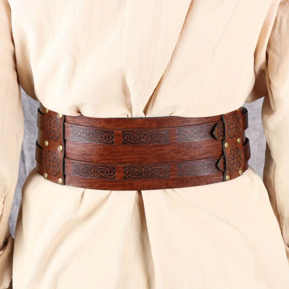 Cinturón ancho con relieve inspirado en vikingo: cincher de cuero medieval para feiras renacentistas y disfraces LARP