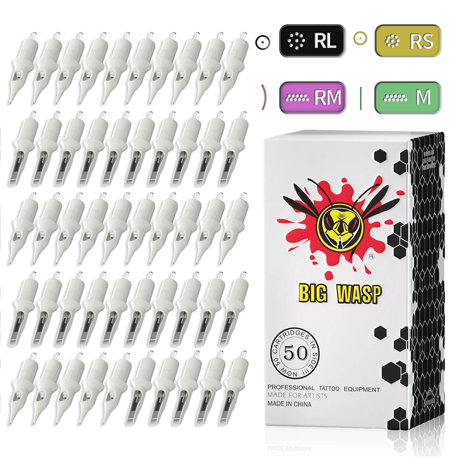 

BIGWASP Brand 50PCS Mixed Cartridge Tattoo Needles 0.3MM with Membrane Safety Cartridges Disposable Tattoo Needle RL/RS/RM/M1