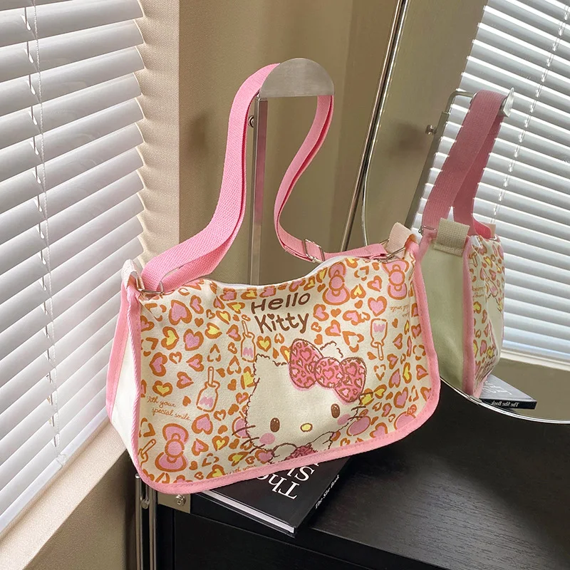 

Новая женская сумка через плечо Sanrio Hello Kitty с сердечком и котом, модная сумка через плечо большой вместимости, холщовая сумка через плечо, женская сумка