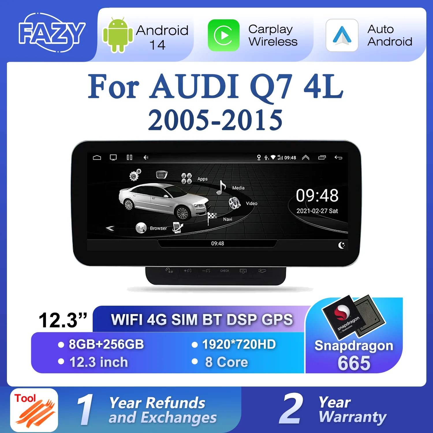 

12.3 Inch Qualcomm Android 14 Carplay Car Screen Player For Audi Q7 4L 2005-2015 GPS Navi Multimedia Stereo 8+256GB 4G WIFI DSP