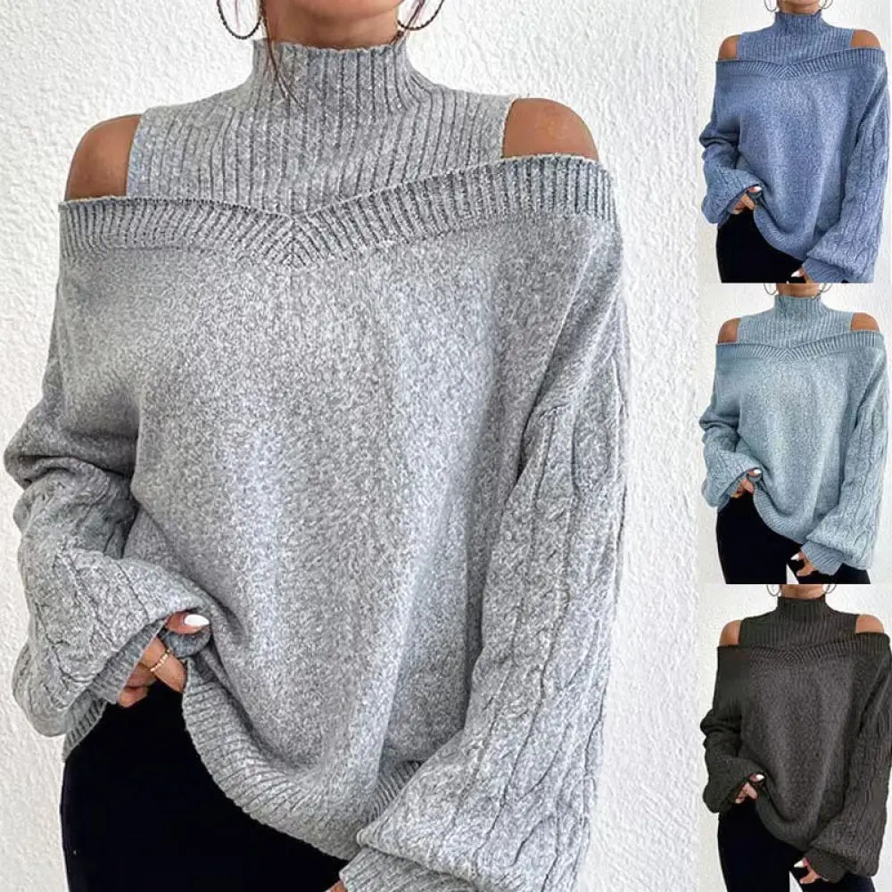 Autumn Winter Womens Knitwear Loose Pullover Mock Neck Sweater Cold Shoulder Lantern Sleeve Elegant Solid Color Outwear
