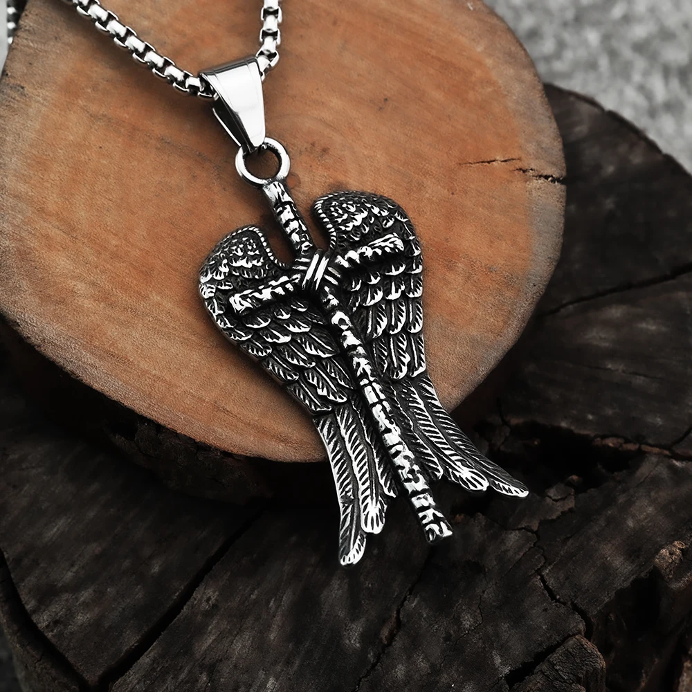 European and American Style Personalized Cross Wings Viking Pendant, Domineering Men\'s Titanium Steel Jewelry
