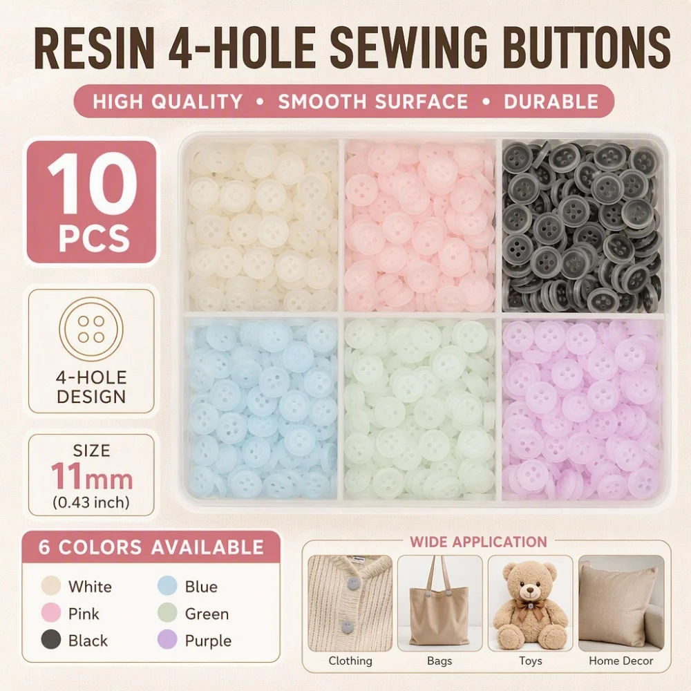 10Pcs Resin Sewing Buttons 11mm 4-Hole Round Buttons for Clothing Bags Toys DIY Crafts 6 Colors Available Smooth Buttons Set
