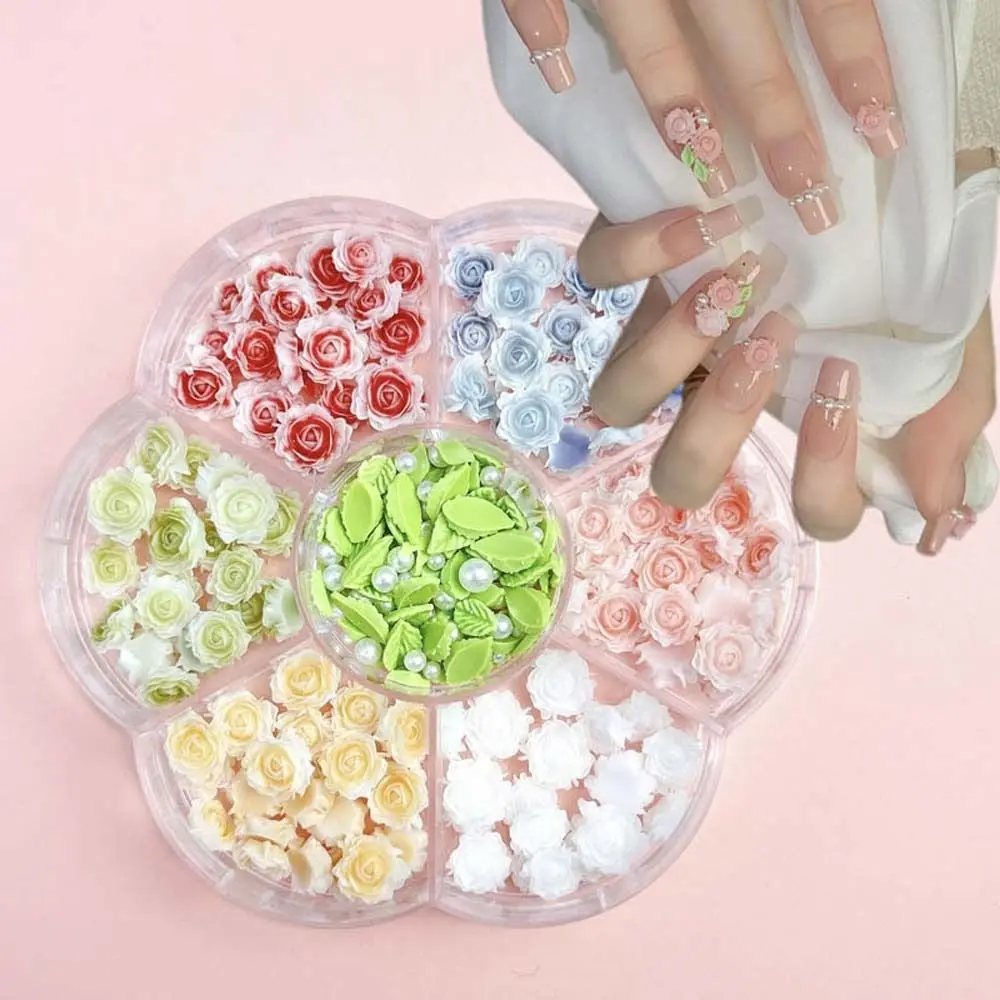 Pink Rose Flower Rose Nail Decorations Mixed Pearl Beads Camellia Leaves Rose Nail Accessories DIY Nail Charms Green