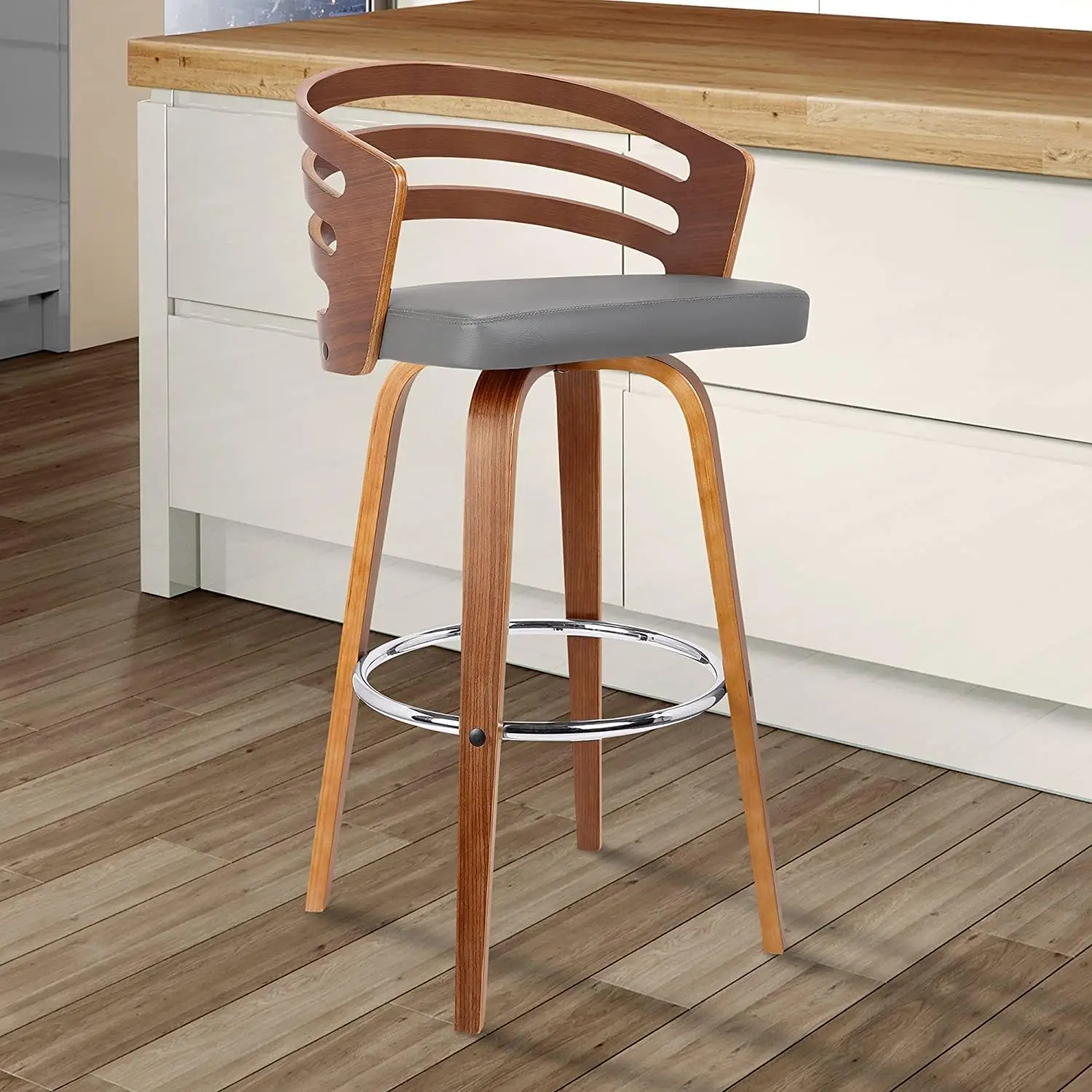 

Modern 26" Seat Height Swivel Grey Faux Leather and Walnut Wood Bar Stool for Kitchen Island Counter