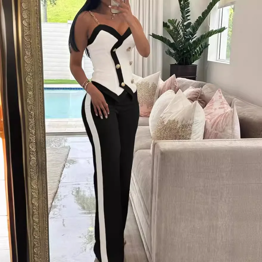 Women Side Striped Work Suit Set Contrast Paneled Skinny V-Neck Double Breasted Chain Strap Cami Top And Straight Leg Pants Set