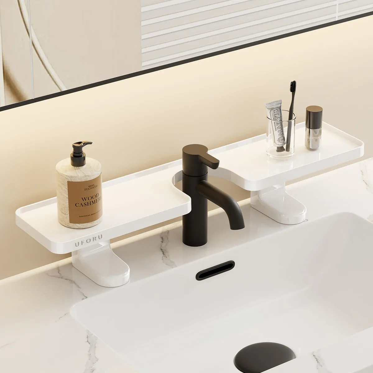 Over Faucet Bathroom Sink Organizer PET Countertop Drain Rack Cream White Cloud White Clear No Drill