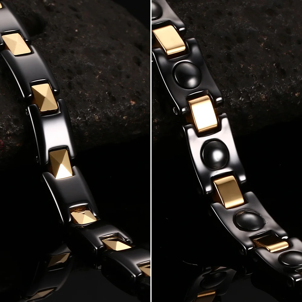 Vinterly Chain Bracelet Black Gold-color 7mm Ceramic Health Energy Magnetic Hematite Bracelets for Women Jewelry Waterproof